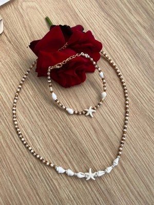 Deniz Yıldızı, Midye Kabuk Charm'lı Yaz Sıcağı Kumboncuk Kadın Kolye ve Bileklik Set