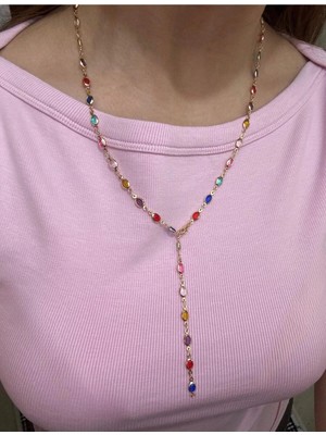 Y Model Özel Tasarım Altın Kaplama Oval Renkli Taşlı "el Yapımı" Pinterest 65 cm Kolye