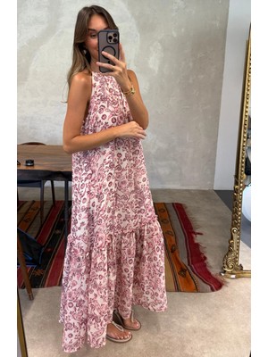 5in1Canpolat Pembe Desenli Şifon Elbise 00820