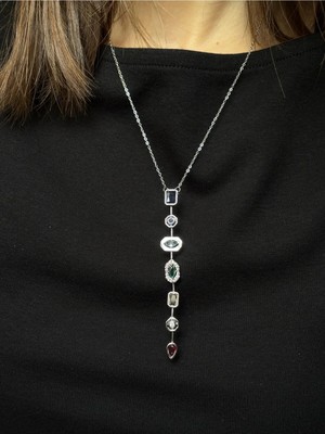 Renkli Taşlı Melis Goral Y Kolye Silver 2 Renk Seçeneği