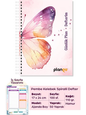 Plango Pembe Kelebek Spiralli Günlük Planlama Defteri - 100 Sayfa - 17X24 Planlayıcı Defter