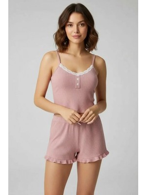 MiraLive Kadın Pudra Dantel Detaylı Şortlu Gecelik Pijama Takımı Şık Rahat 2’li Set