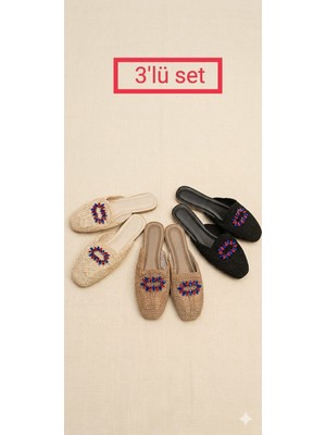 3'lü Paket Kadın Günlük Terlik Çeyiz Bohça Gelin Ev Misafir Dışarı Terliği