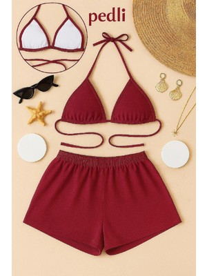 MiraLive Marsilyan- Kadın Bordo Şortlu Belden ve Boyundan Bağlamalı Bikini Takımı