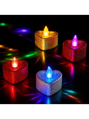 Kuzey Oyuncak 144 Adet Yüksek Kalite Simli Kalpli Renkli LED Işıklı Mum Kırmızı Gümüş Gold Kalpli Tea Light Mum