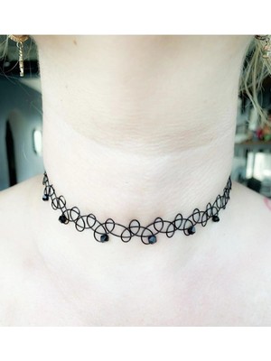 Siyah Kristal Taşlı Choker Tattoo Tasma Kolye