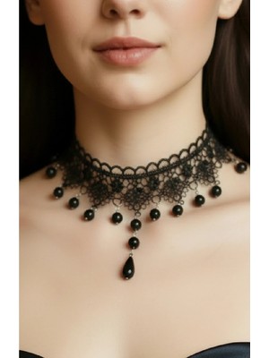 Zet Style Nocturne Koleksiyonu “nocturne Velaria – Gecenin Örtüsü” Dantel Choker Gotik Kolye