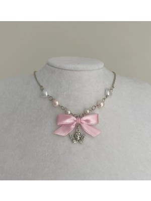 Angel & Pink Ribbon Fairycore Coquette Tasarım Kolye
