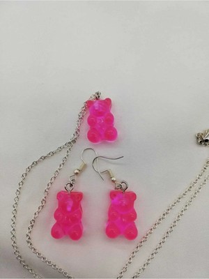 Pembe Jelibon Ayıcık Kolye Küpe