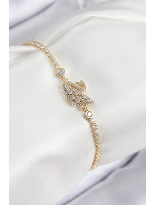 MiraLive Pirinç Zirkon Taşlı Kuğu Model Gold Renk Kadın Bileklik - TJ-BB7691
