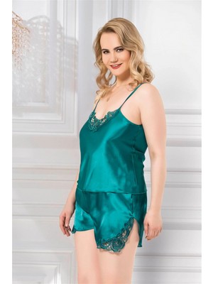 MiraLive Marsilyan- Büyük Beden Zümrüt Saten Babydoll Şort Takımı