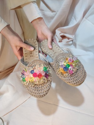 My Stil Moda Önü Kapalı Inci Detaylı Hasır Örgü Dış Mekan Ev Terliği