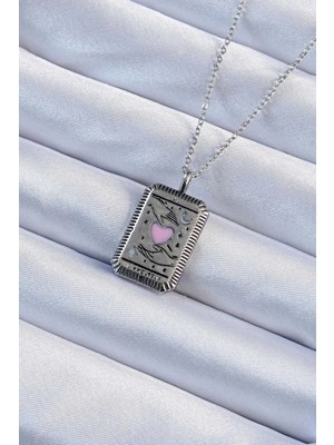 MiraLive 316L Çelik Zincir Eskitme Gümüş Renk Pembe Mineli Kalp Figürlü Tarot Kolye - TJ-BKO9232