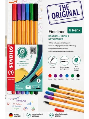 ArtMaster 6 Renk Fineliner Kalem 1 Paket Stabilo Point 88 6 Lı Ana Renkler Ince Keçe Uçlu Kalem 0.4mm Su Bazlı Mürekkep