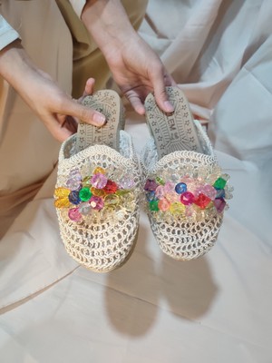 My Stil Moda Önü Kapalı Inci Detaylı Hasır Örgü Dış Mekan Ev Terliği
