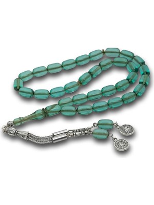 Inure Jewelry Metal Püsküllü Şeffaf Su Yeşili Sıkma Kehribar Tesbih