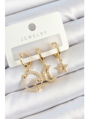 MiraLive Pirinç Zirkon Taşlı Yıldız ve Ay Model Gold Renk 3'lü Çift Kadın Küpe Set - TJ-BKP10819