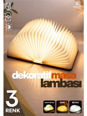 Edewatt Kitap Şeklinde Masa Lambası 3 Renk USB Şarj Edilebilir