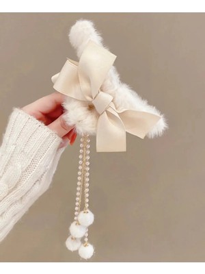 Hb Tasarım Peluş Mandal Toka Fiyonklu Ucu Ponponlu,boncuklu ve Zincir Sallantılı Toka 11,5X5CM,SALLANTISI 13CM