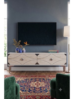 Yumedi Design TSA1297BTS - Elifa Tv Stand , Tv Sehpası 120CM Beyaz-Traverten-Silver