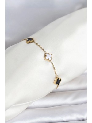 Inure Jewelry 316L Çelik Gold Renk Siyah Beyaz Baby Yonca Model Kadın Bileklik
