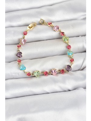 Inure Jewelry Kristal Taşlı Kalp Kesimli Karışık Renkli Gold Renk Gema Kadın Bileklik