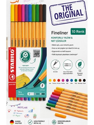 ArtMaster 10 Renk Fineliner Kalem 1 Paket Stabilo Point 88 10 Lu Ana Renkler Ince Keçe Uçlu Kalem 0.4mm Su Bazlı Mürekkep
