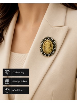Herşey Nota Vintage Cameo Kadın Silüeti Taşlı Broş – Antik Tasarım Zarafet Aksesuarı