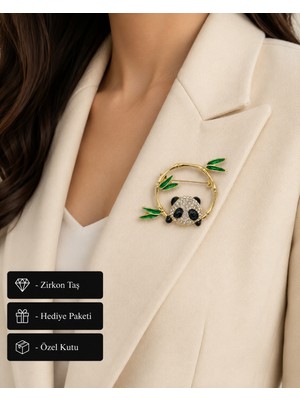 Herşey Nota Sevimli Panda ve Bambu Tasarımlı Kristal Taşlı Kadın Broşu – Şık Hediye