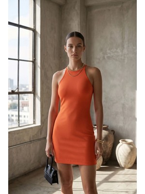 Halter Yaka Turuncu Slim Mini Günlük Elbise
