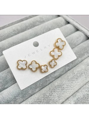Hb Tasarım Illys Gold Cleef Model Çelik Beyaz 3lü Yonca Küpe Seti
