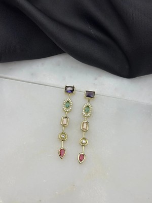Hb Tasarım Gold Altın 5 Li Renkli Taşlı Tasarım Melis Göral Y Küpe Çakra Marka Model Sallantılı Çelik Küpe