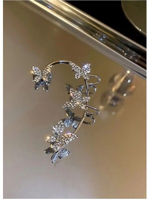 Hb Tasarım Kadın Gümüş Renk Tekli Zikron Taşlı Kelebek Earcuff Kıkırdak Küpe