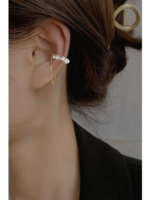Hb Tasarım Gold Renk Incili Sallantılı Earcuff Kıkırdak Küpe