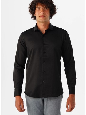 Süvari Siyah Erkek Slim Fit Armürlü Gömlek GM2024700520