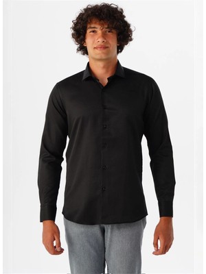 Süvari Siyah Erkek Slim Fit Armürlü Gömlek GM2024700581