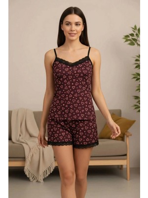 MiraLive Kadın Mor Kalp Desenli Dantel Detaylı Askılı Şortlu Pijama Takımı Premium Ev Giyim