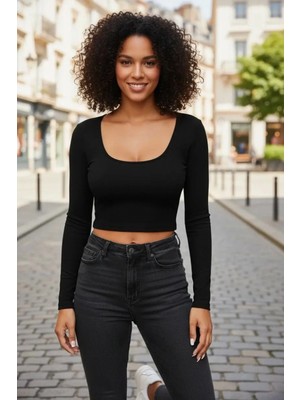 MiraLive Siyah Derin U Yaka Crop Top Uzun Kollu Dar Kesim Kadın Bluz