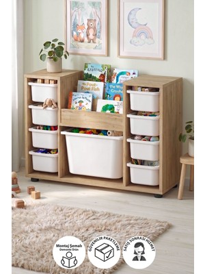 Bofigo 9 Sepetli Dolap Oyuncak Dolabı Çok Amaçlı Dolap Montessori Kitaplıklı Aden Safir Meşe