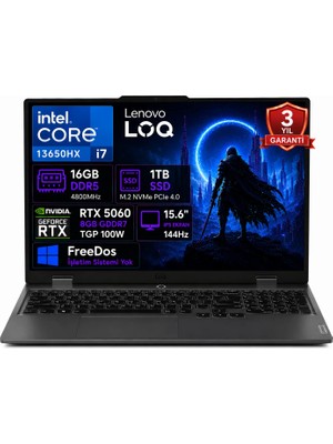 Lenovo Loq 15IRX10 83JE00JQTR I7-13650HX 16GB Ddr5 1tb SSD RTX5060 8gb Tgp 100W 15.6" IPS 144Hz Freedos