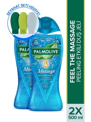 Palmolive Aroma Sensations Feel The Massage Peeling Etkili Duş Jeli 500 ml x2 Doğal Yağ ve Aloe Vera + Seyahat Kiti Hediye