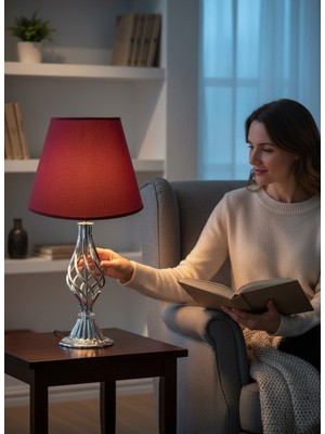 dekovien Bordo Kumaş Başlık Metal Burgu Ayaklı Modern Abajur 50X25 cm
