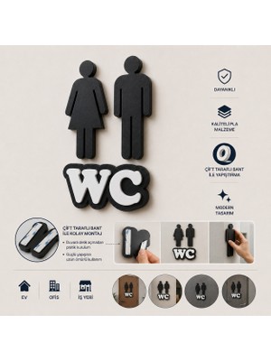Major Hobi 3D WC Kapı Tabelası Seti Kadın Erkek WC Yazısı Dekoratif Tuvalet İşareti 3lü Set