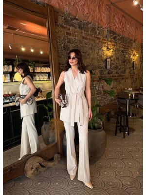 Lovelf Kuşaklı Torba Cep Yelek Takım Açık Bej