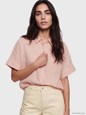 Lcw Vision Pembe Çizgili Oversize Kadın Gömlek
