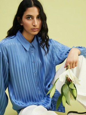 Lcw Modest Mavi Çizgili Oversize Saten Kadın Gömlek Tunik
