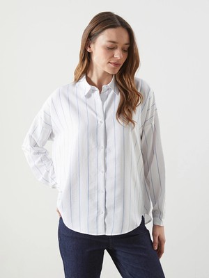 LC Waikiki Lcwaıkıkı Classic Mavi Çizgili Oversize Kadın Gömlek