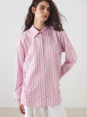 Lcw Modest Pembe Çizgili Oversize Kadın Gömlek Tunik
