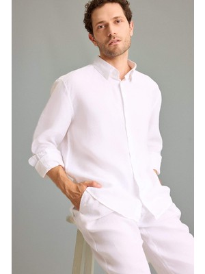 DeFacto %100 Keten Regular Fit Polo Yaka Yazlık Basic Düz Uzun Kollu Beyaz Gömlek C1825AX26SM