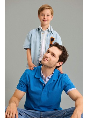 DeFacto %100 Pamuk Slim Fit Polo Yaka Mavi Nakışlı Kısa Kollu Tişört D7665AX26SM